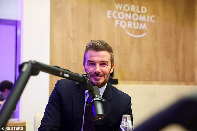 Co-Owner of Inter Miami and Partner Authentic Brands Group David Beckham posed for a photo ahead of a podcast during the 56th annual World Economic Forum (WEF)