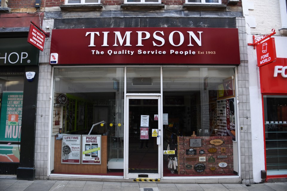 A closed Timpson store with a "Sorry! This shop is currently closed due to Coronavirus" sign on the front door.