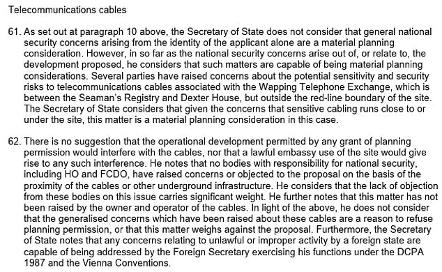 Ministers dismissed concerns about the embassy posing a threat to crucial data cables nearby