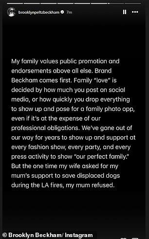 'My family values public promotion and endorsements above all else. Brand Beckham comes first', Brooklyn went on in his extraordinary rant