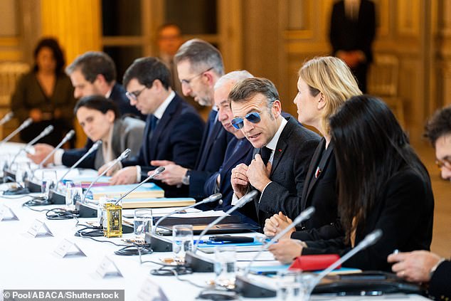 President Emmanuel Macron, Senate President Gerard Larcher and National Assembly President Yael Braun Pivet participate in a meeting on the institutional future of New Caledonia on January 19, 2026, at the Elysee Palace in Paris