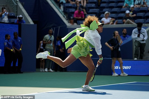 Osaka turned heads at the US Open last year, notably warming up in a lime-green outfit that had featured a silk bow on her back. She had also donned a green, tiered skirt