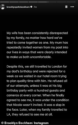 'My wife has been consistently disrespected by my family, no matter how hard we've tried to come together as one,' he continued