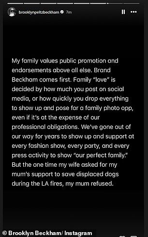 'My family values public promotion and endorsements above all else. Brand Beckham comes first,' Brooklyn went on in his extraordinary rant