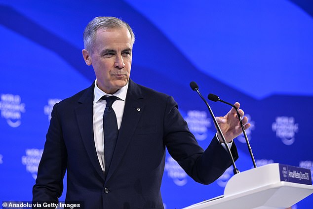 The revelations come as Trump and the Canadian Prime Minister Mark Carney (pictured) both attend the World Economic Forum in the Swiss ski resort of Davos this week
