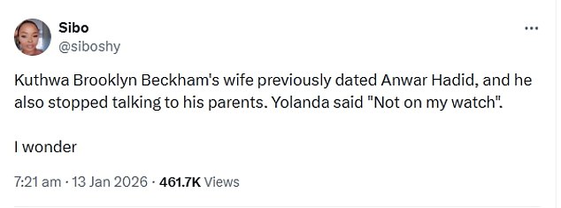 A viral Tweet claimed: 'Brooklyn Beckham's wife previously dated Anwar Hadid, and he also stopped talking to his parents. Yolanda [Anwar's mother] said, "Not on my watch"'