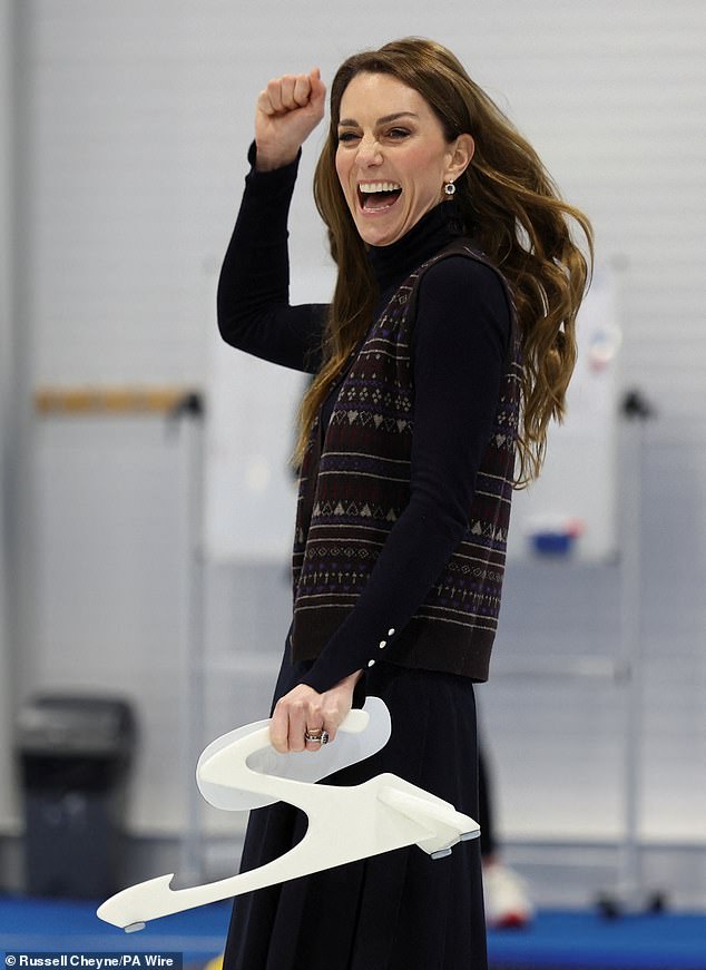 The Princess of Wales has a go at curling at the National Curling Academy in Stirling today