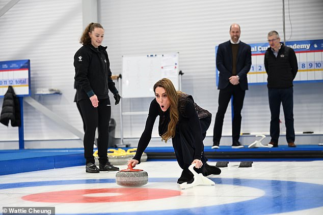 The Princess of Wales has a go at curling at the National Curling Academy in Stirling today