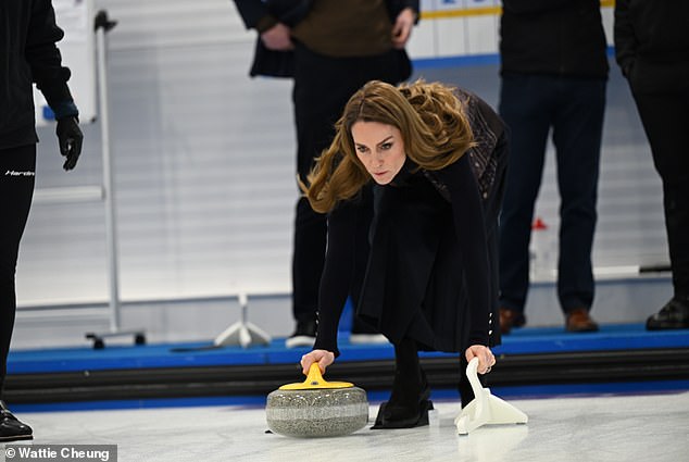 The Princess of Wales has a go at curling at the National Curling Academy in Stirling today