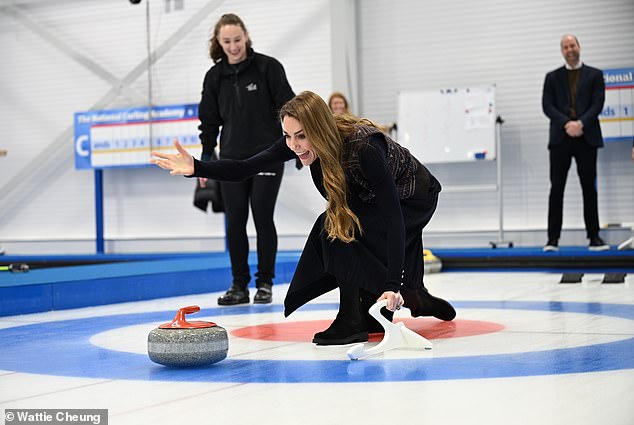 The Princess of Wales has a go at curling at the National Curling Academy in Stirling today