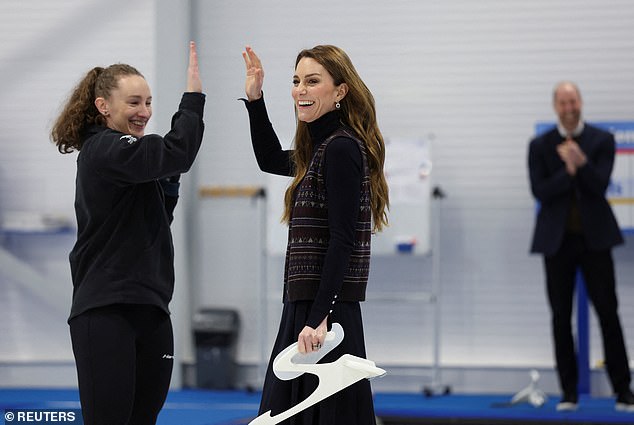 The Princess of Wales has a go at curling at the National Curling Academy in Stirling today
