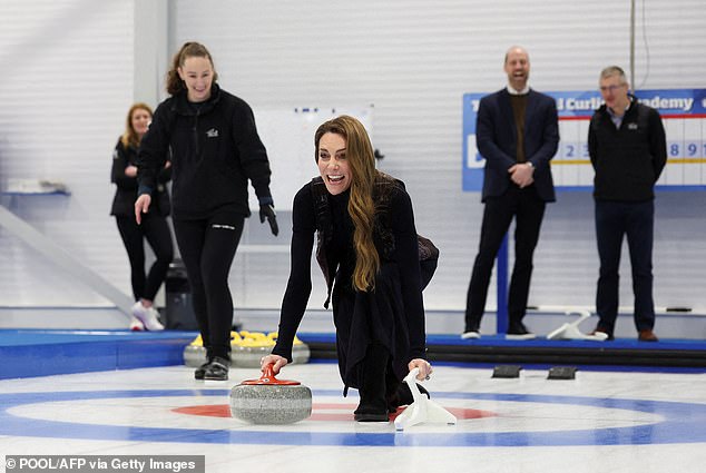 The Princess of Wales has a go at curling at the National Curling Academy in Stirling today