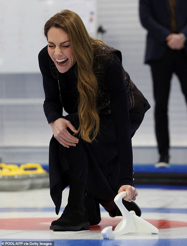 The Princess of Wales has a go at curling at the National Curling Academy in Stirling today