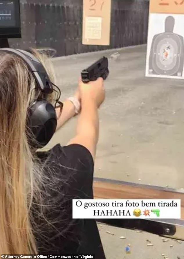 Another image, displayed in court last week, showed Magalhães firing a gun at a shooting range. She captioned the image: 'The hottie takes a really good photo. HAHAHA'