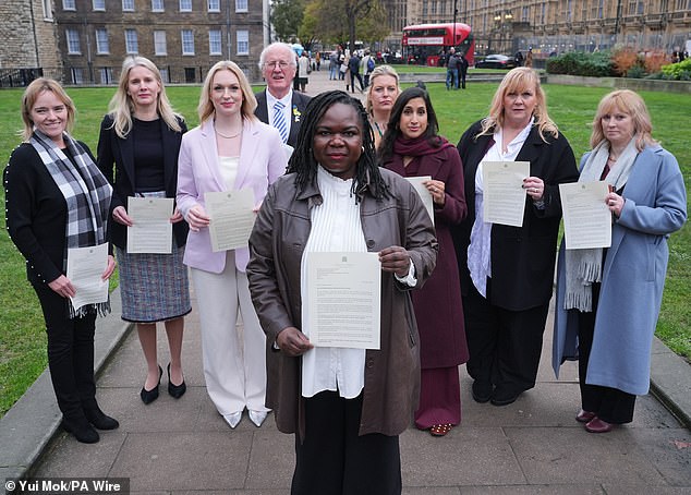 Ms Melle's supporters include (from left): Fife nurse Sandie Peggie, Rebecca Paul MP, Darlington nurse Bethany Hutchison, Jim Shannon MP, Mims Davies MP, Claire Coutinho MP, Darlington nurse Lisa Lockey and Rosie Duffield MP