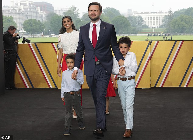 JD Vance (center), his wife Usha Vance (back left) and their children arrive for a parade to honor the Army's 250th anniversary, coinciding with President Donald Trump's 79th birthday, Saturday, June 14
