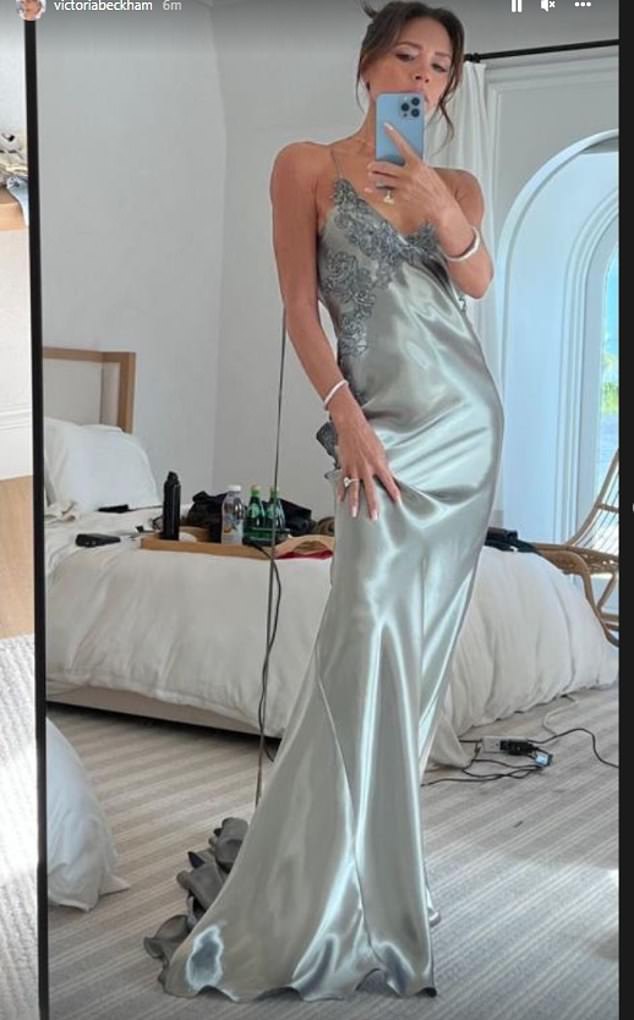Victoria shows off her own dress in a picture uploaded to her Instagram story on the day