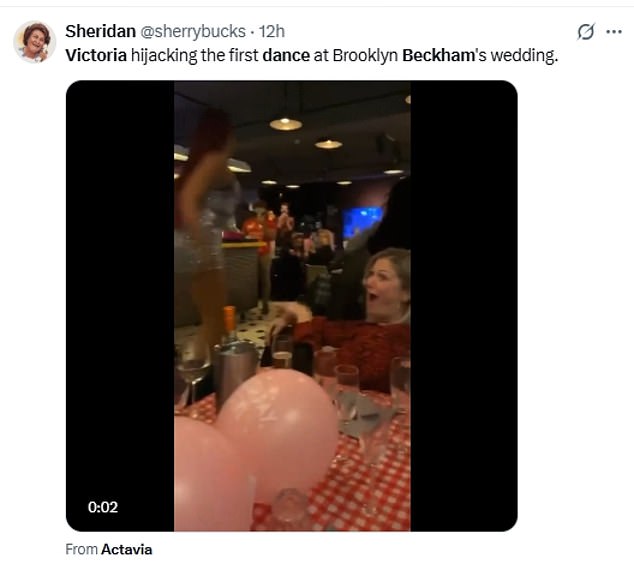 One of the tongue in cheek videos showed a dancer aggressively pushing over a reveller in a bar with the added caption: 'Victoria hijacking the first dance at Brooklyn Beckham's wedding.'