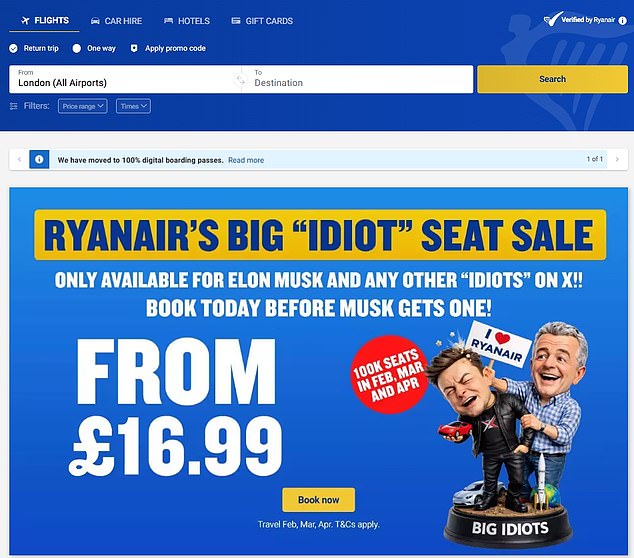 Ryanair's homepage features a caricature of Musk and O'Leary on its homepage promoting the Big Idiot seat sale