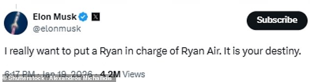 In a series of posts on X replying to an official airline post, the world's richest man Elon Musk said Ryanair boss Michael O'Leary 'needs to be fired' and called him a 'retarded t***'