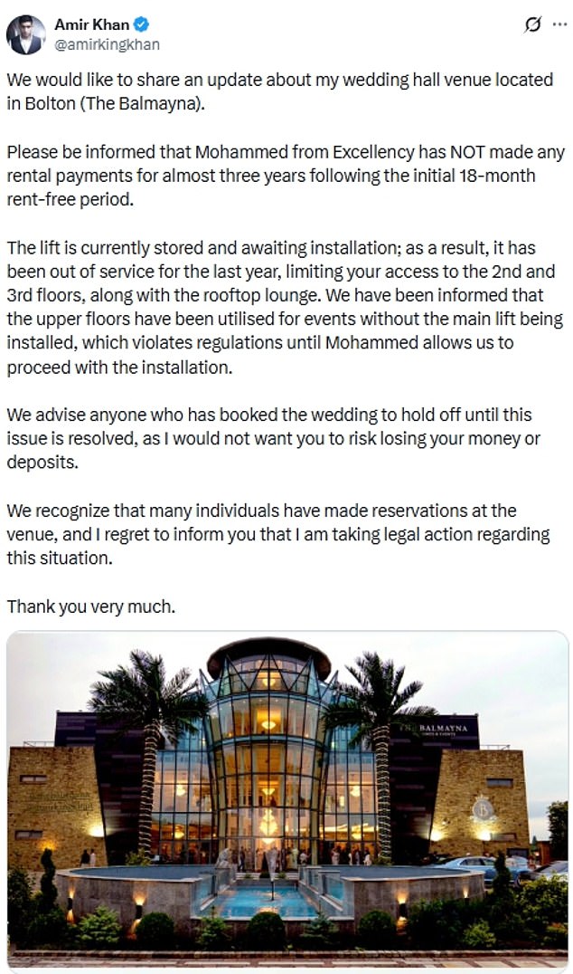 Khan said in a statement on X this morning: We advise anyone who has booked the wedding to hold off until this issue is resolved, as I would not want you to risk losing your money or deposits