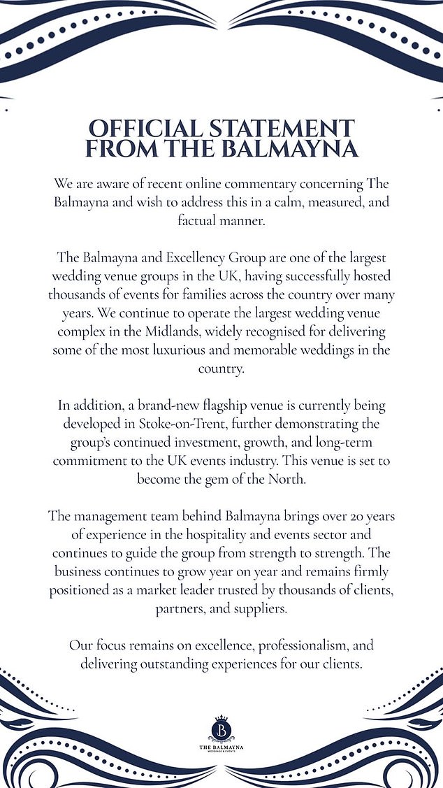 The Balmayna management team says: 'It remains one of the UK’s largest wedding venue operators, with a long track record of hosting thousands of events and operating the Midlands’ largest wedding venue complex'