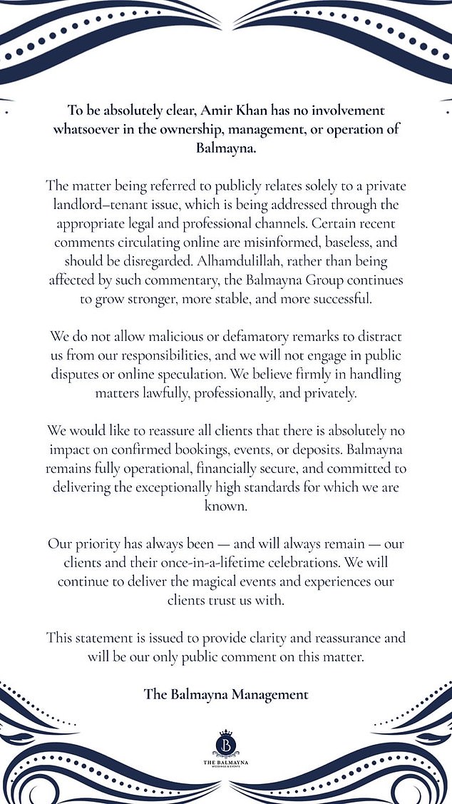 They claim: 'Amir Khan has no involvement whatsoever in the ownership, management, or operation of Balmayna'
