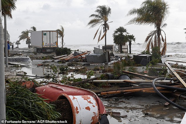 The storm surges have also caused some damage in Sicily, with images showing debris scattered on the seafront