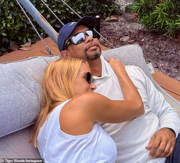 Vanessa, who divorced from Don. Jr in 2018, went Instagram official with the pro golfer Tiger Woods (pictured) last year, as they posed for some loved-up photos cuddling together on a hammock