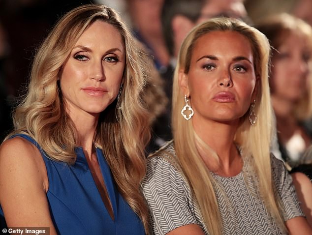 The dress she chose for Woods's birthday bash was a step outside of her comfort zone too, as in the past she's been seen wearing slightly more conservative outfits, seen here with former sister-in-law Lara Trump in 2016