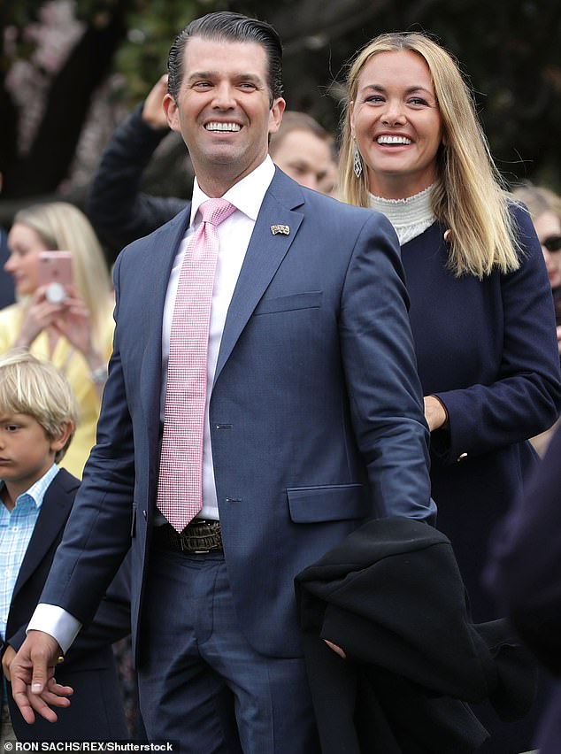 In November 2004, Trump Jr proposed to the then model and actress with a $100,000 ring from a New Jersey jeweler, as per a New York Post article published at the time, as she's pictured with him here in 2018