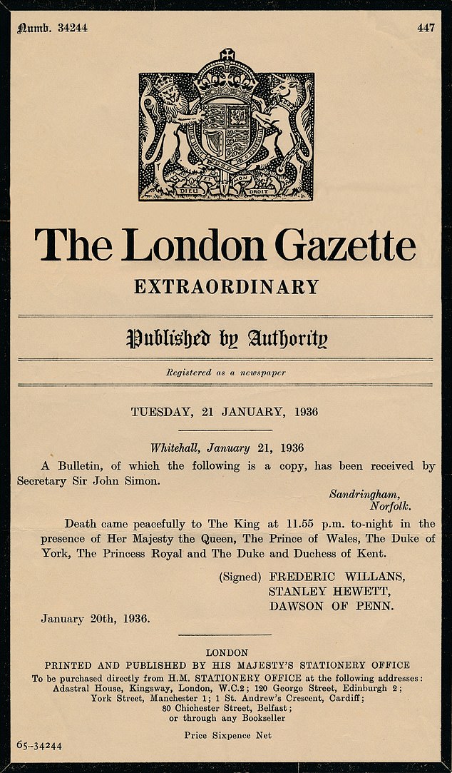 An extraordinary bulletin by The London Gazette announcing the death of King George V