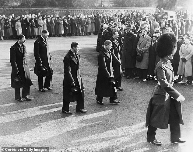 The new King Edward VIII of England takes part in the funeral procession of his late father King George V of England, accompanied by his brothers the Duke of York and Duke of Gloucester