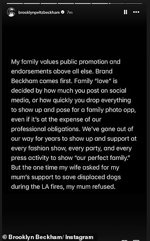 'My family values public promotion and endorsements above all else. Brand Beckham comes first', Brooklyn went on in his extraordinary rant