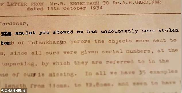 A letter from Rex Engelbach, who registered artefacts at Cairo's Egyptian Museum, to Howard Carter's colleague Sir Alan Gardiner is new evidence that a treasure was stolen from the tomb