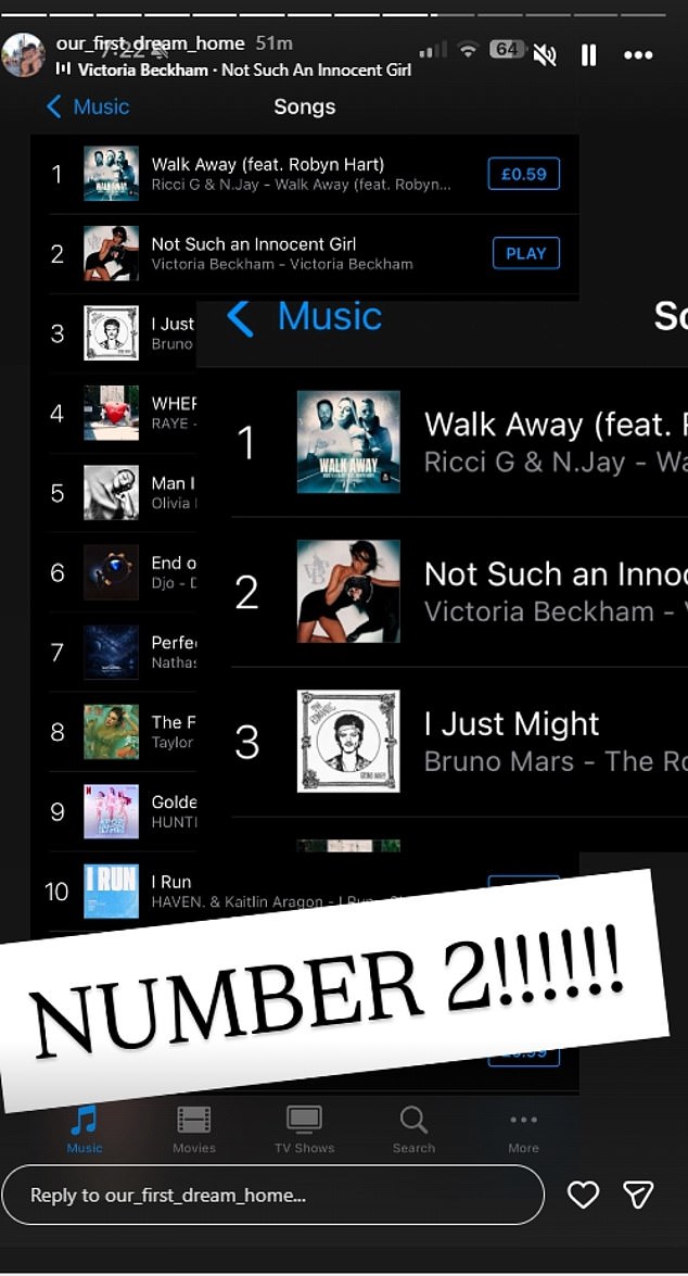 Victoria's 2001 single Not Such An Innocent Girl has shot to number one on the iTunes chart in Ireland and on Thursday morning sat in the number two slot in the UK