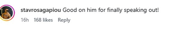 The comment has since been deleted and Stavros instead posted 'Good on him for finally speaking out!'