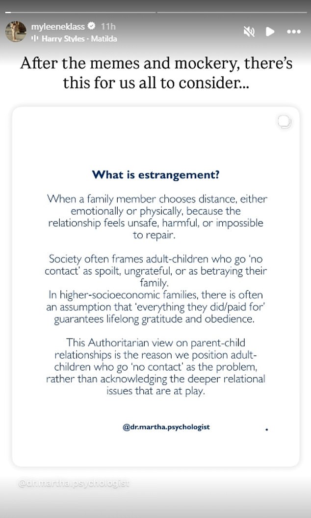 On Thursday, Myleene also posted an explanation about family estrangement from Clinical Psychologist Dr Martha Deiros Collado, who referenced the Beckhams (Victoria and Brooklyn pictured in February 2024)
