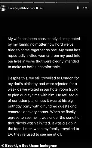 'My wife has been consistently disrespected by my family, no matter how hard we've tried to come together as one,' he continued