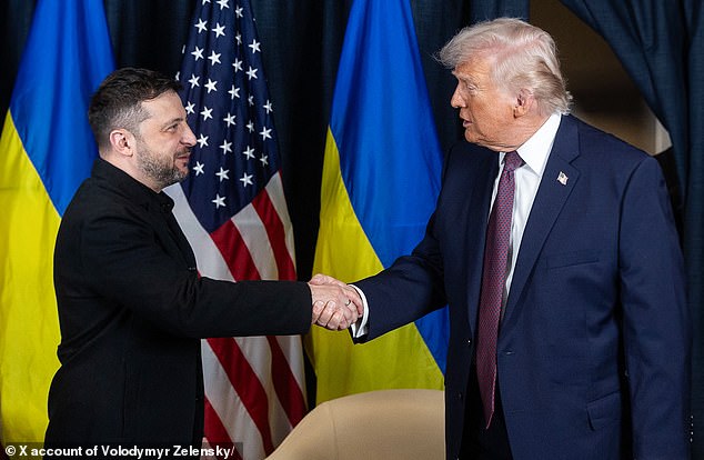 During his address, Zelensky told the audience: 'We met with President Trump, and our teams are working almost every day'