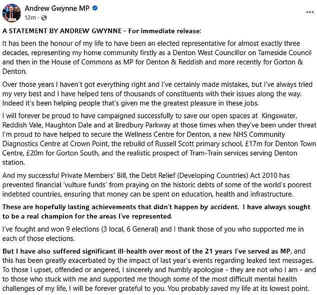 Mr Gwynne shared a note from his GP to the Commons authorities that stated he would not be able 'safely to return to work as an MP'