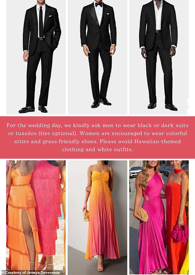 For the ceremony on Sunday, men are encouraged to wear 'black or dark suits or tuxedos' while women should don 'colorful attire and grass-friendly shoes'