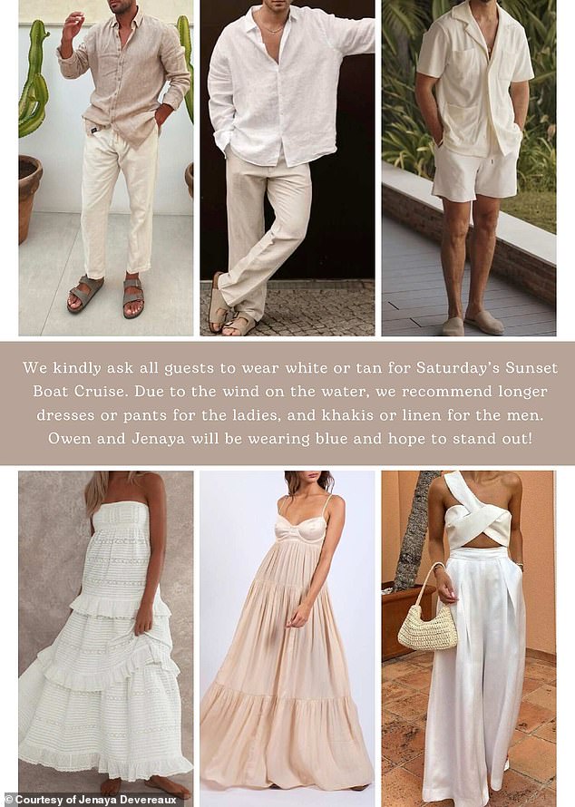 For Saturday's festivities, which includes a sunset boat cruise, guests were told to wear 'white or tan.' 'Owen and Jenaya will be wearing blue and hope to stand out,' reads the guidelines