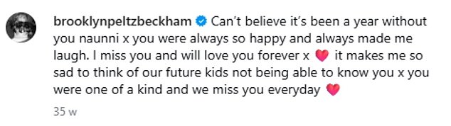 Brooklyn made sure to dedicate a post on the anniversary of Nicola's grandmother's death in May