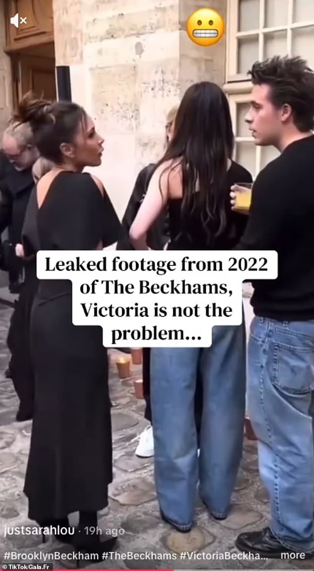 It shows Nicola speaking to a blonde woman at an event while Brooklyn's younger sister Harper stands nearby