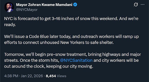New York City Mayor Zohran Mamdani warned on Thursday that the Big Apple could see up to 16 inches of snow