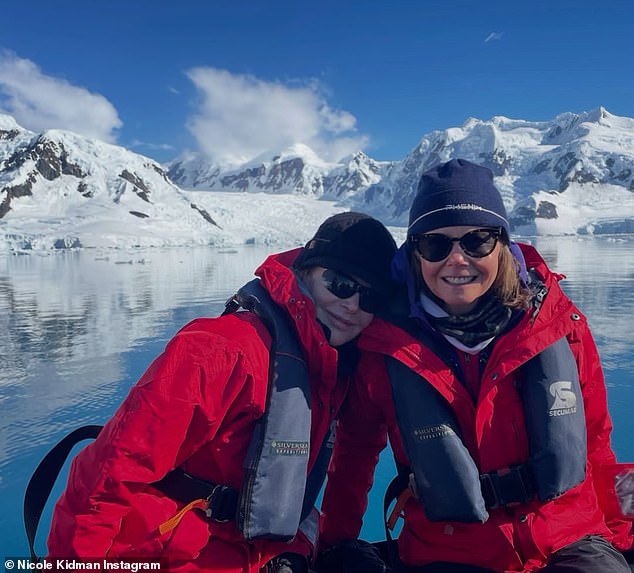 Ms Kidman, 58, was joined by her sister Antonia, 55, as she was seen admiring a glacier in a series of images posted to Instagram