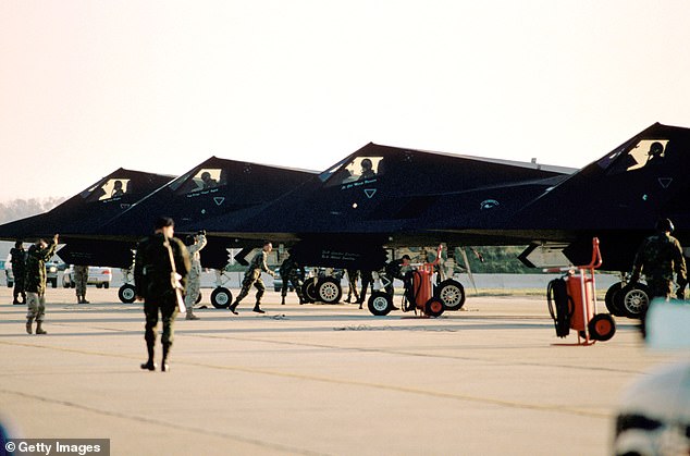 US Air Force F-117 stealth bombers (Pictured) were part of the top-secret projects being worked on at NTTR, which is home to Area 51