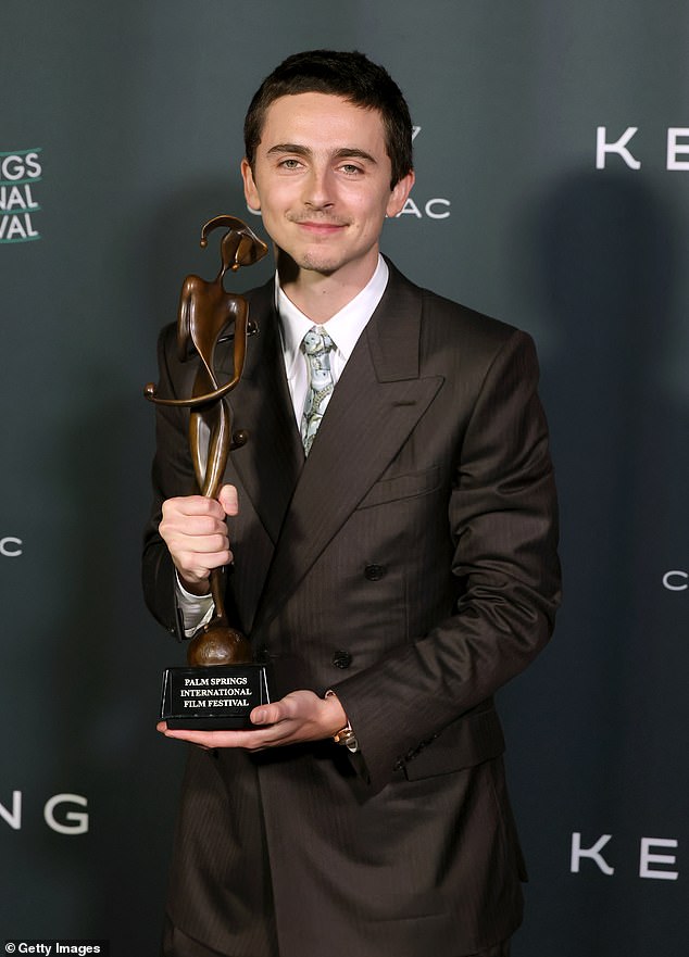 Film critics have used the word 'sociopathic' to describe the ruthless young man depicted by Chalamet (the actor pictured with the Spotlight Award at the Palm Springs Film Festival)