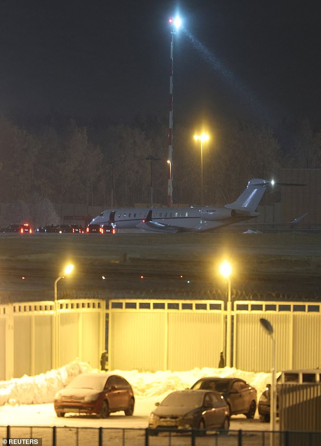 A plane carrying U.S. President Donald Trump's special envoy Steve Witkoff and son-in-law Jared Kushner stands on the tarmac upon the arrival at Vnukovo International Airport before a scheduled meeting with a Russian delegation in Moscow, Russia, January 22, 2026